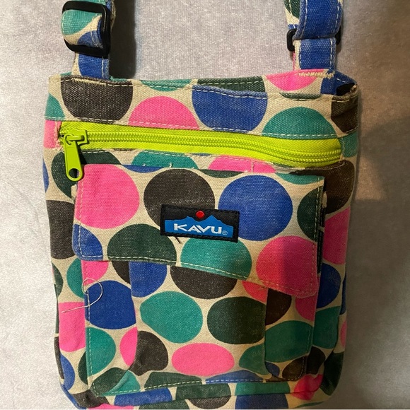Kavu Canvas Colorful Circle Polka Dot Crossbody Bag Pink Blue Green Purse - Picture 4 of 12